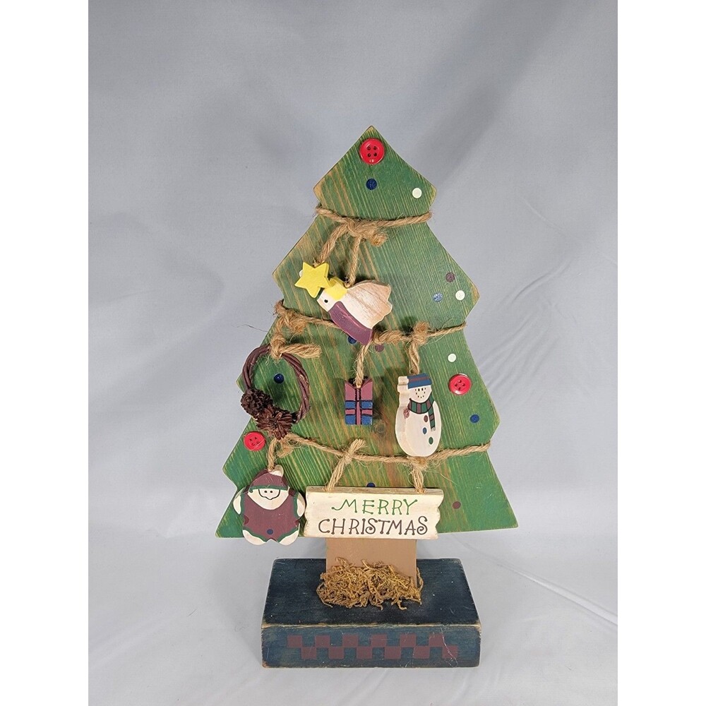 Vintage Wood Merry Christmas Tree With Ornaments Cottagecore Grannycore 12” tall
